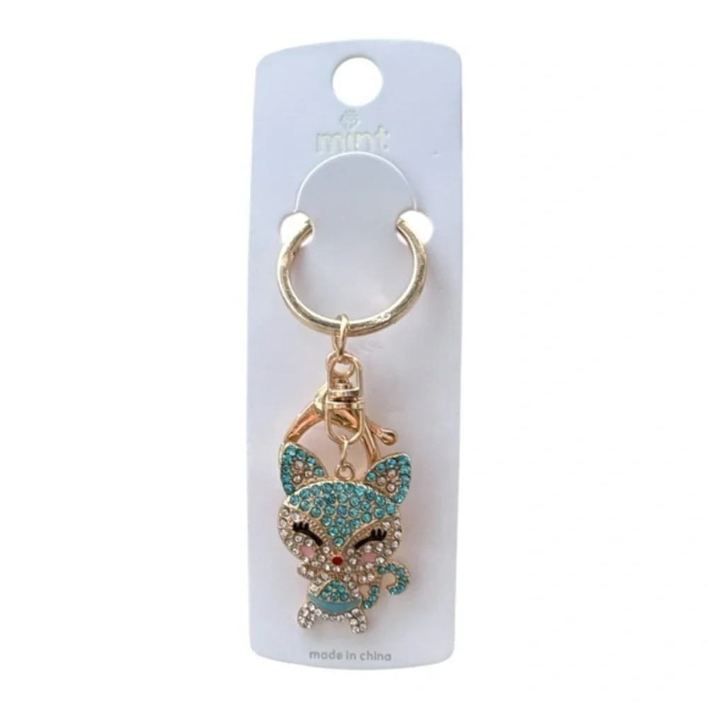 3/$25 Mint Sparkle.Rhinestone Jeweled Blue Fox Cat Purse Keychain Bag Charm